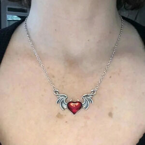 Red Enamel Silver Heart Wings Goth Vampire Devil Necklace NWT